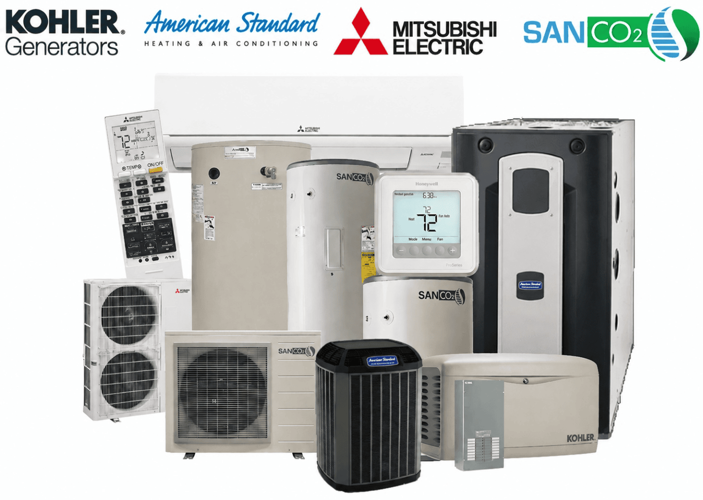 product-overview-collage-9-2026 Various HVAC units and generators from brands like Kohler, American Standard, Mitsubishi Electric, and SANCO2 are displayed together, with some remote controls and thermostats visible. Brand logos appear at the top of the image.